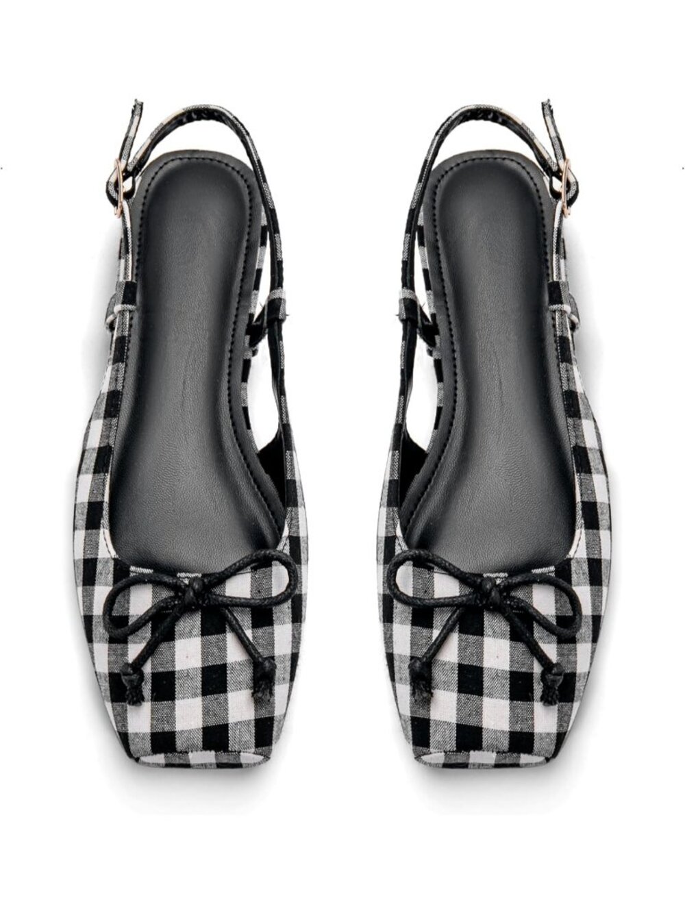 Women Black Tartan Slingback Square Toe Bow Knit Ankle Buckle Satin Ballet Flats